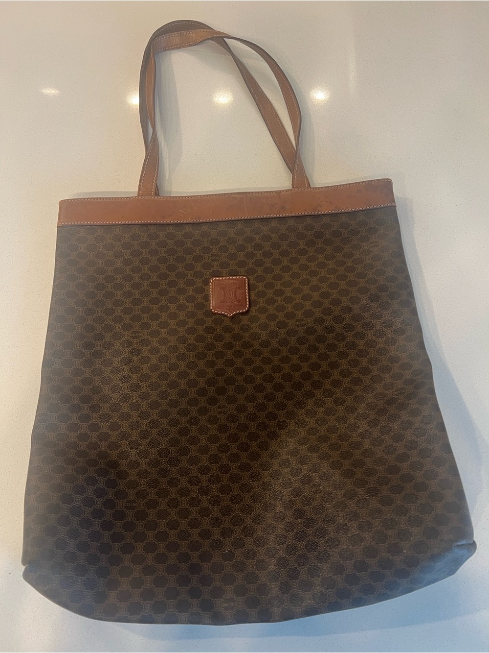 Celine Dark Brown Monogram Canvas Tote with Tan Leather Trim - Picture 2 of 13